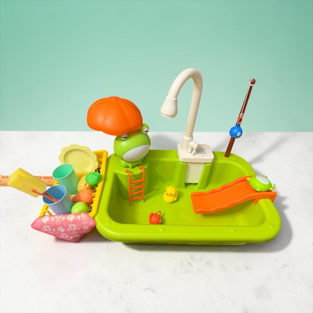 Pupu Pig Kids Play Sink with Running Water Frog Fishing Game Toy Set Green